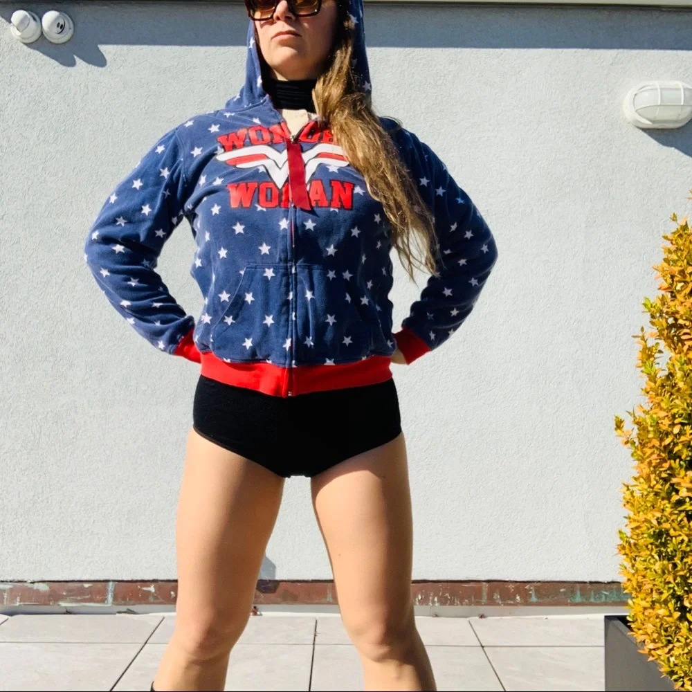 Vintage 2in1 Wonder Woman Red White Blue Star Stripe Double Side Turning Hoodie - Picture 14 of 16